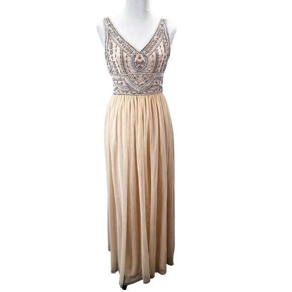 Anthropologie BHLDN Sterling Dress 8 Formal Beige Oyster Beaded Rhinestones